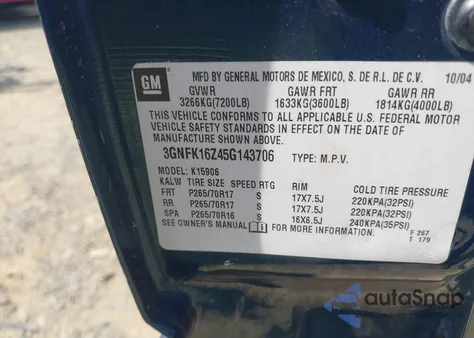 2005 Chevrolet Suburban 1500 Lt z USA, uszkodzony, nr VIN 3GNFK16Z45G143706